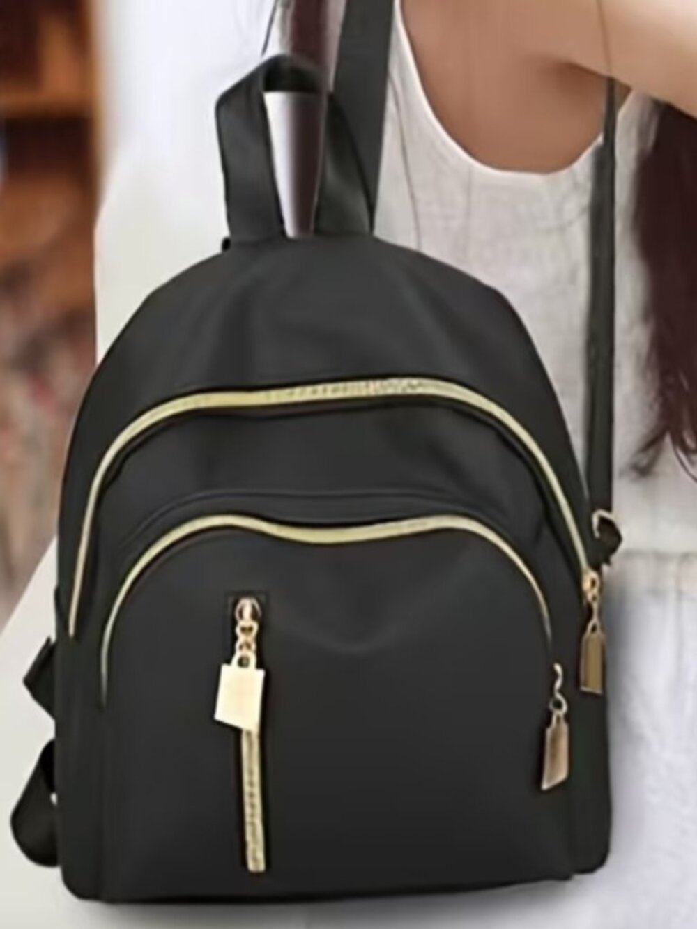 NWOT MINIMALIST BLACK NYLON MINI BACKPACK GOLD HARDWARE MULTI ZIP DAY PACK
